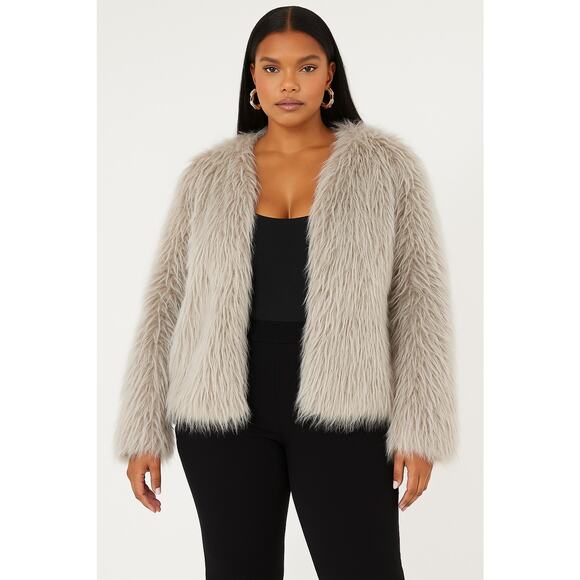 PrettyLittleThing Plus Shaggy Faux Fur Coat Gray Size 12 Soft Fluffy Warm - Picture 1 of 14